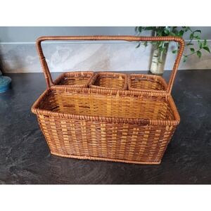 Vintage Wicker Utensil Organizer with Handle | Divided Rattan Kitchen Caddy